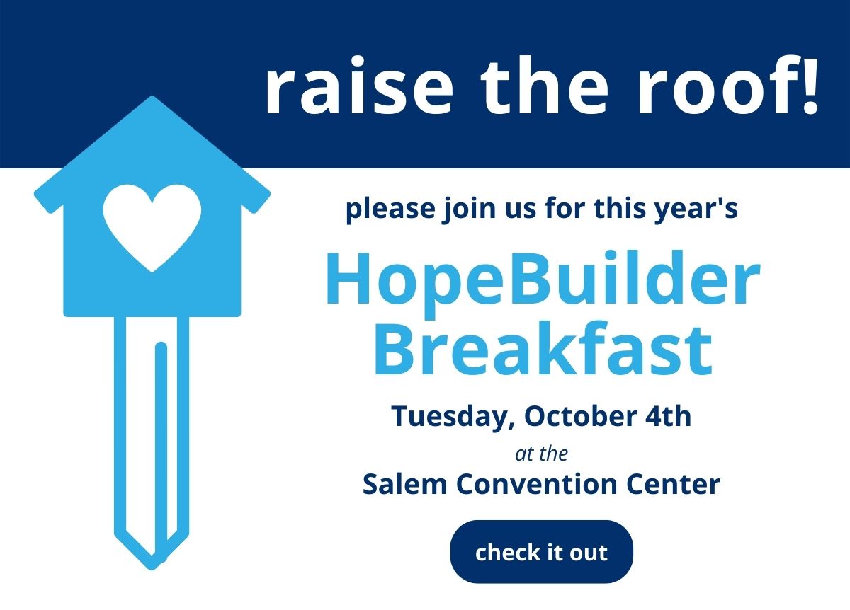light blue house key with a heart and text next to it saying raise the roof HopeBuilder Breakfast October 4th at the Salem Convention Center